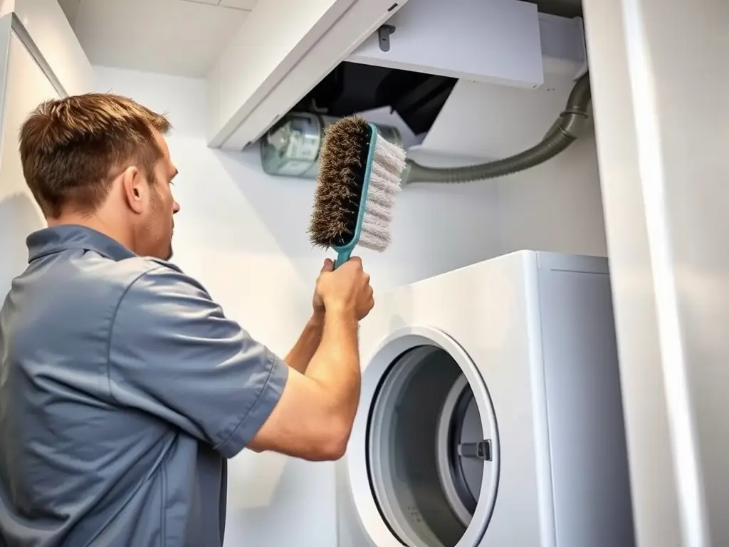 A technician using specialized tools to clean a dryer vent, removing lint and debris, with a focus on safety and efficiency.