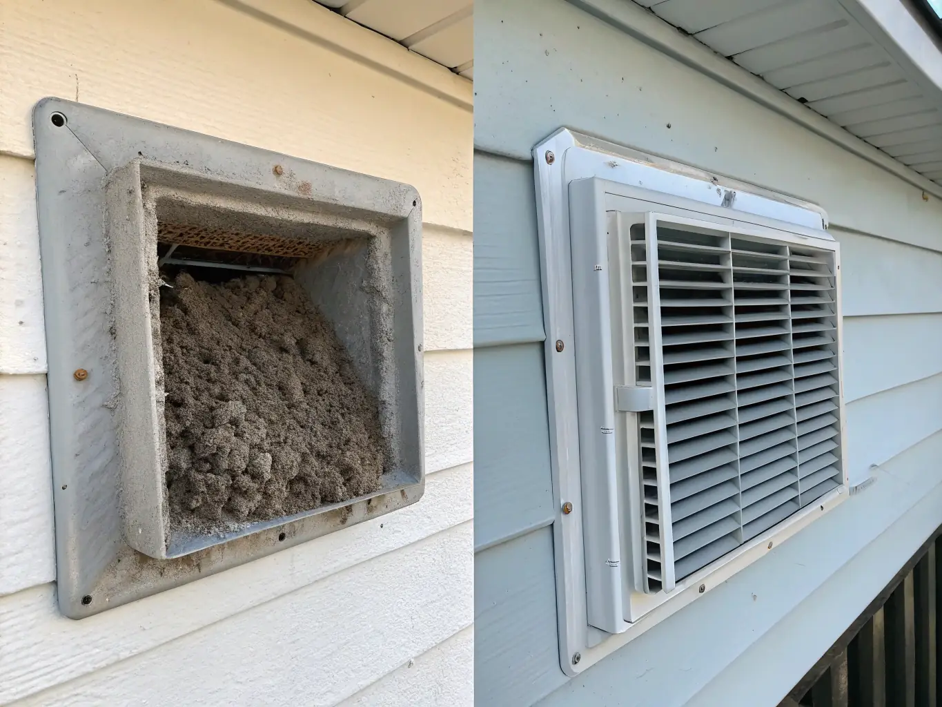 A close-up shot of a dryer vent before and after cleaning, highlighting the amount of lint removed and the improved airflow.